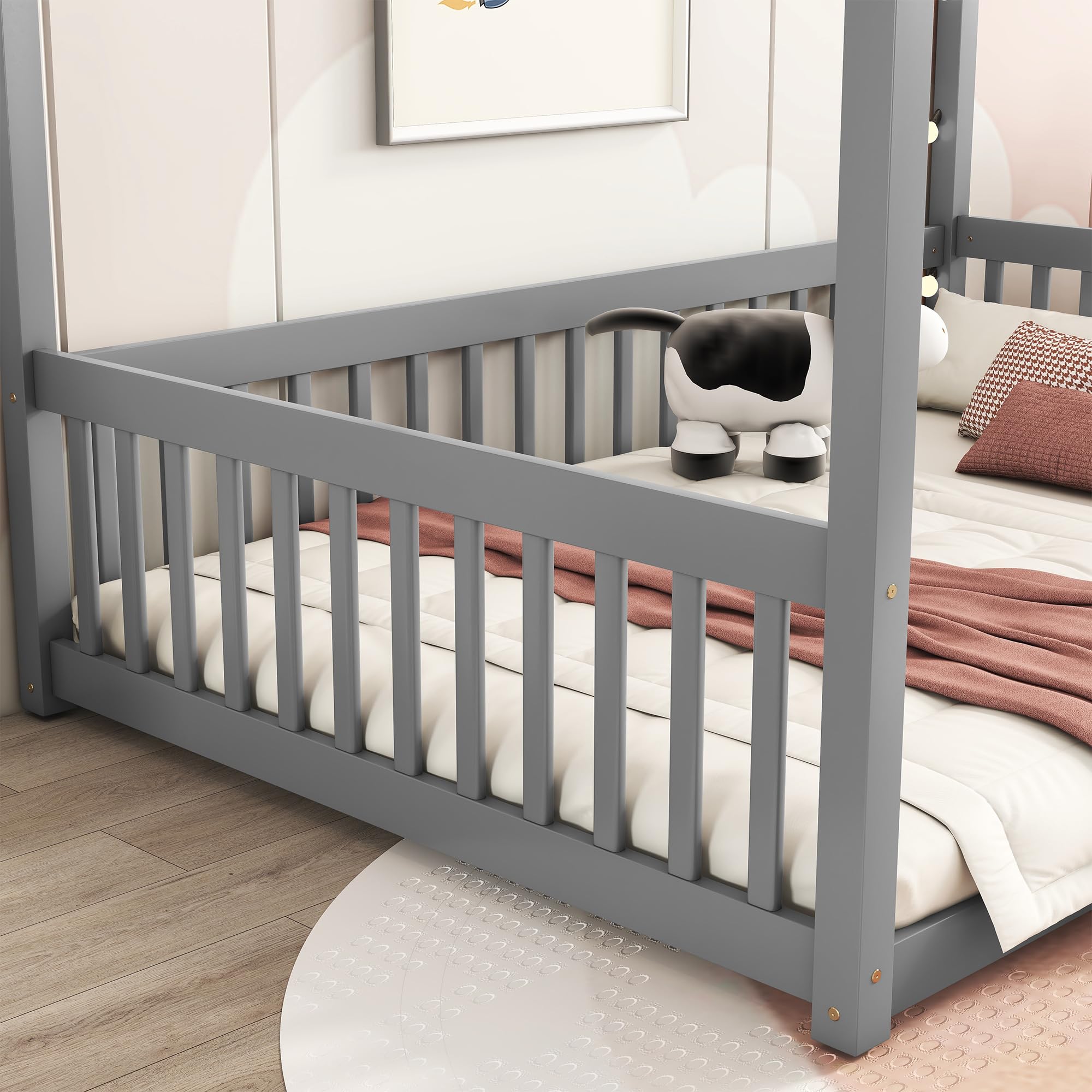 LostCat Full Size Canopy Floor Bed Frame with Fence, Wood Montessori Floor Bed for Teens and Adults, Easy Assembly, No Box Spring Needed,Grey