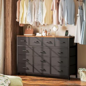 Casaottima Dresser for Bedroom with Charging Station, 57" Long Dresser with 13 Storage Drawers, Large Fabric Dressers Chests of Drawers with Shelves, Black and Vintage