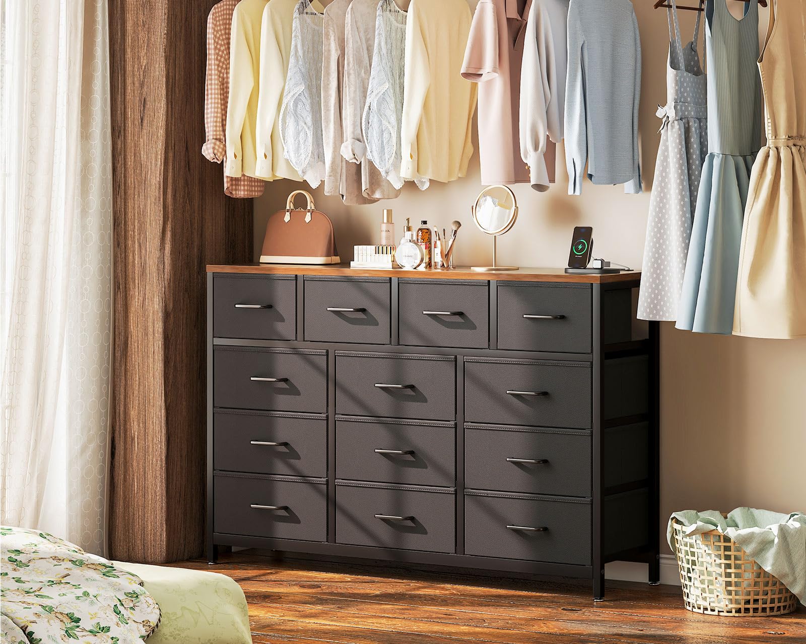 Casaottima Dresser for Bedroom with Charging Station, 57" Long Dresser with 13 Storage Drawers, Large Fabric Dressers Chests of Drawers with Shelves, Black and Vintage