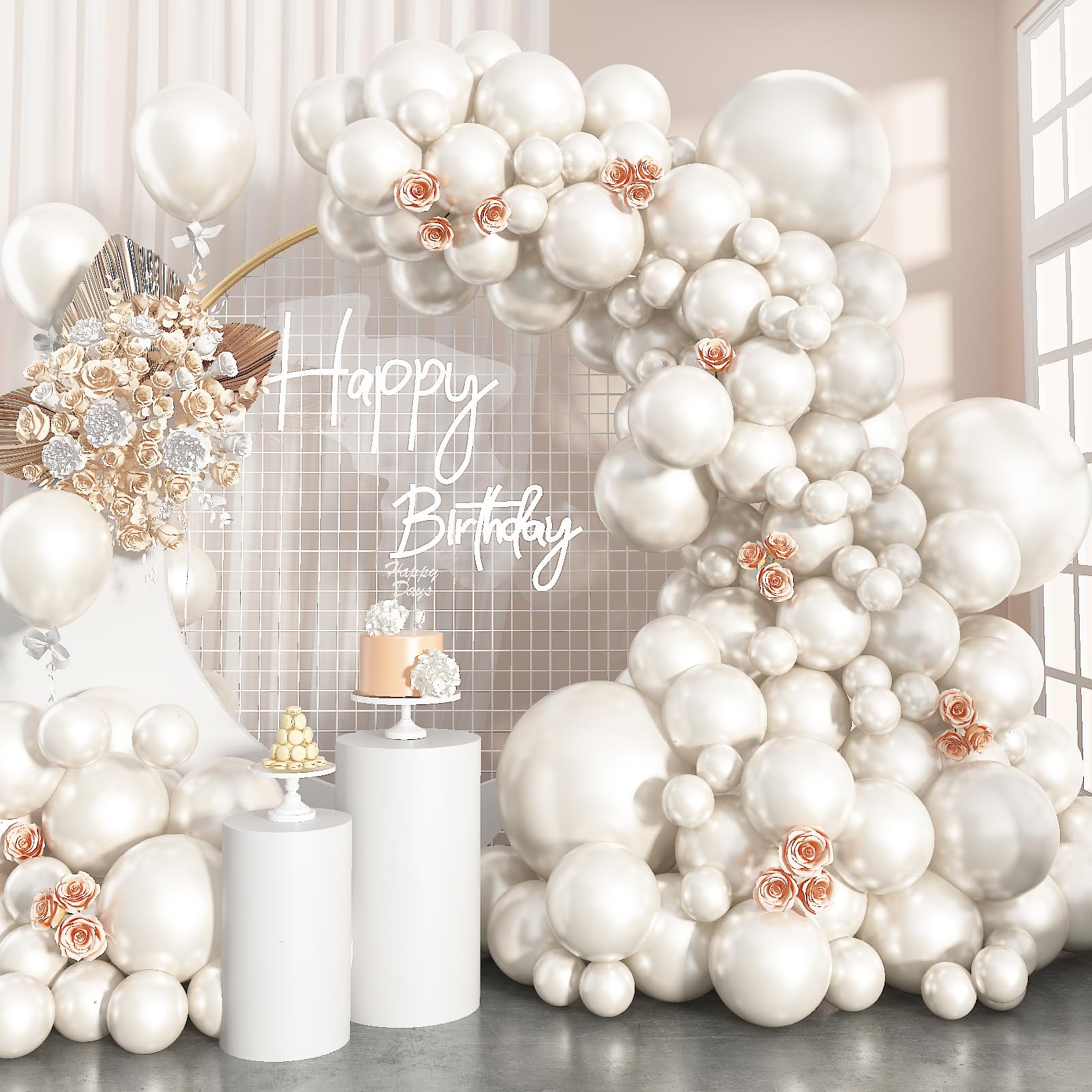 Pearl White Balloons Arch Double-Stuffed White Balloons Garland Ivory Balloon Different Sizes 18/12/10/5inch 61pcs Cream Beige Latex Balloons for Wedding Bridal Birthday Anniversary Decorations