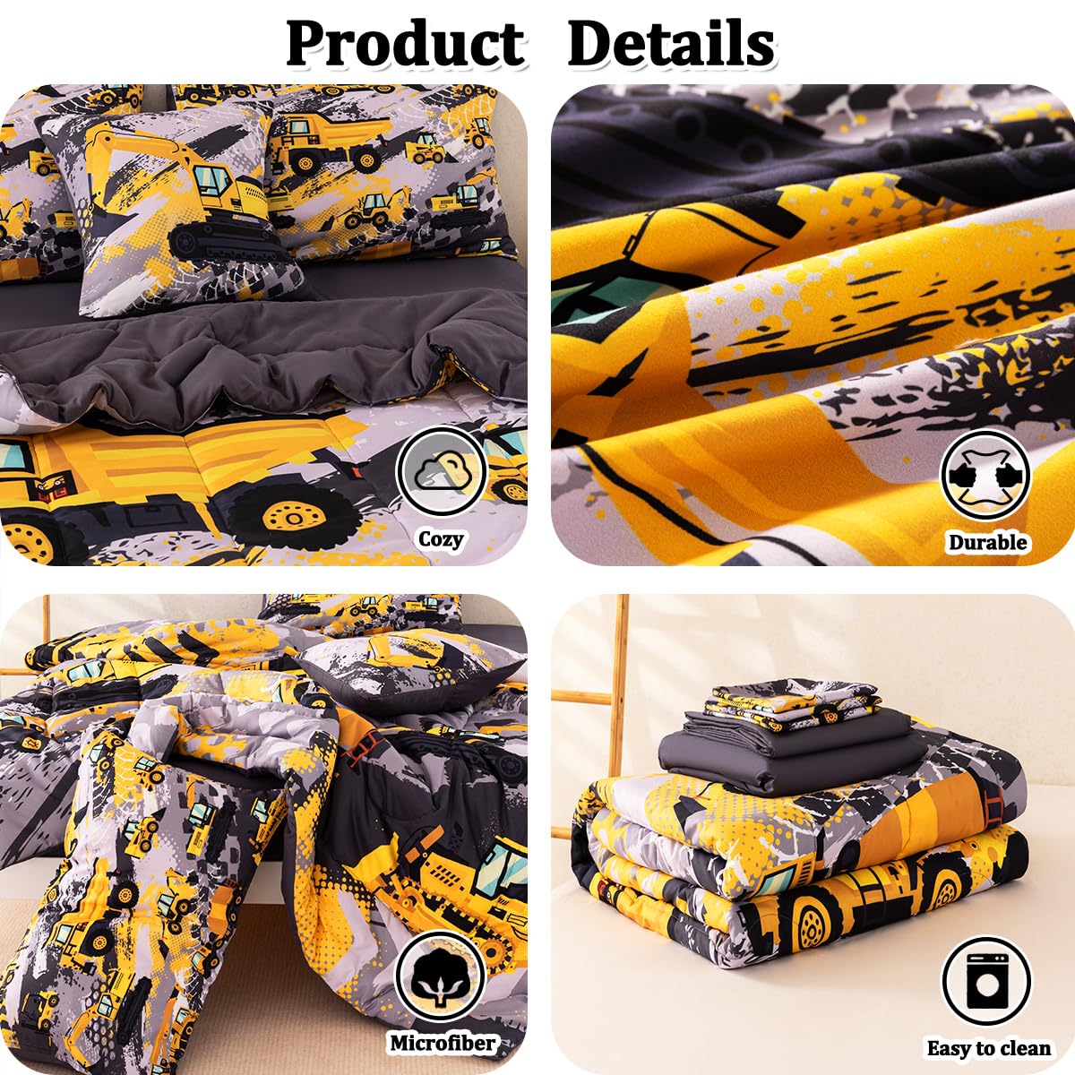 ASKOTU Truck Twin Bedding Set for Boys, 6 Pcs Kids Construction Truck Comforter Sets with Sheets, Construction Excavator Twin Boys Bedding Sets