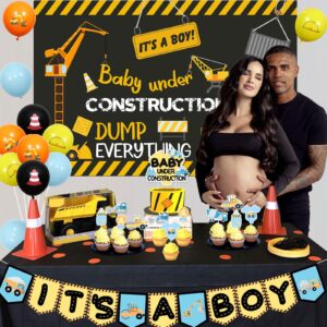 Balterever Construction Baby Shower Decorations for Boys With Construction It’s a Boy Banner Dump Truck Cake Cupcake Toppers Construction Baby Shower Backdrop for Under Construction Theme Party