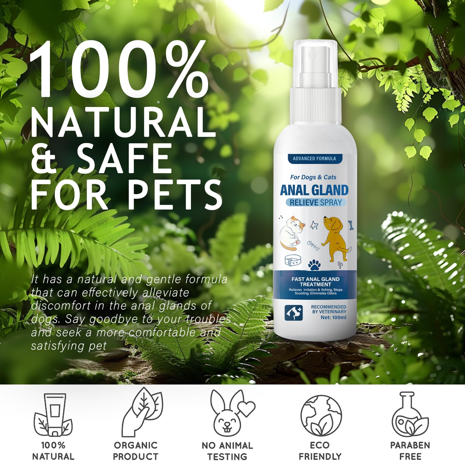 NHZ Pet Anal Gland Care Spray, Anal Gland Spray for Dog, Relieve Itching, Remove Unpleasant Odor, Natural Ingredients, 100ml