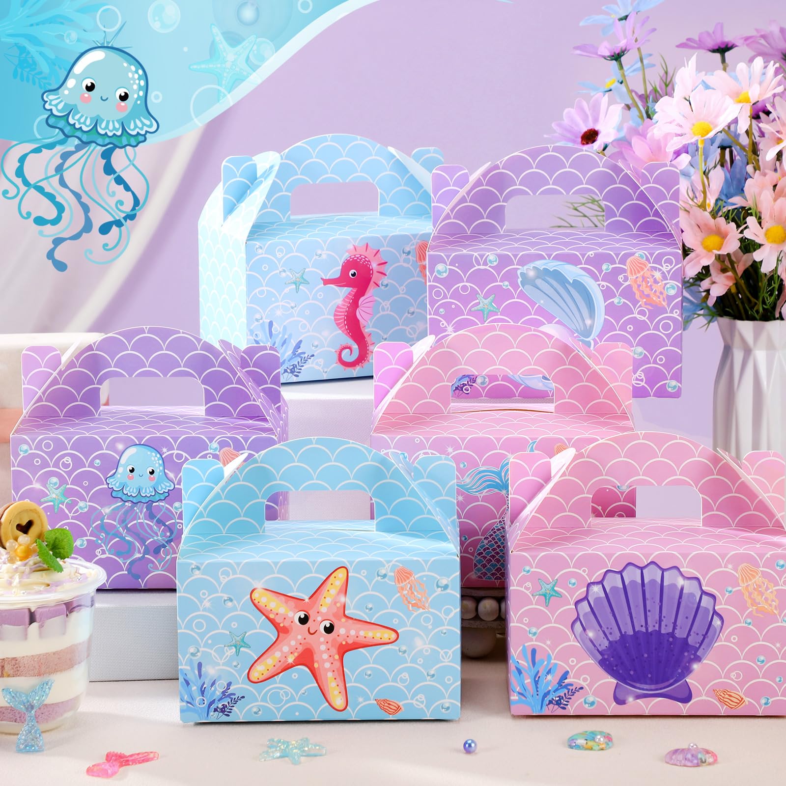 Dunzoom 24 Pcs Mermaid Party Favors Treat Boxes Shell Pearl Mermaid Goodie Bags Candy Gift Boxes for Party Favors Summer Ocean Gable Box with Handles for Girls Under the Sea Birthday Party Supplies