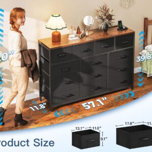 Casaottima Dresser for Bedroom with Charging Station, 57" Long Dresser with 13 Storage Drawers, Large Fabric Dressers Chests of Drawers with Shelves, Black and Vintage