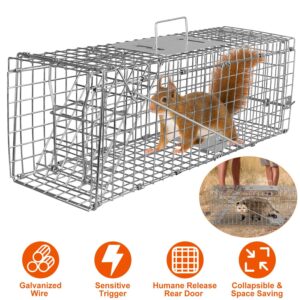 KOCASO 23.3"x7.24"x7.72" Humane Live Animal Trap Cage Cat Trap Catch Release Live Animal Rodent Cage for Indoor Outdoor，Foldable Live Trap for Small Rabbit Squirrel Groundhogs Mole Gopher Cat