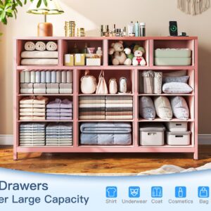 Casaottima Dresser for Bedroom with Charging Station, 57" Long Dresser with 13 Storage Drawers, Large Fabric Dressers Chests of Drawers with Shelves, Pink