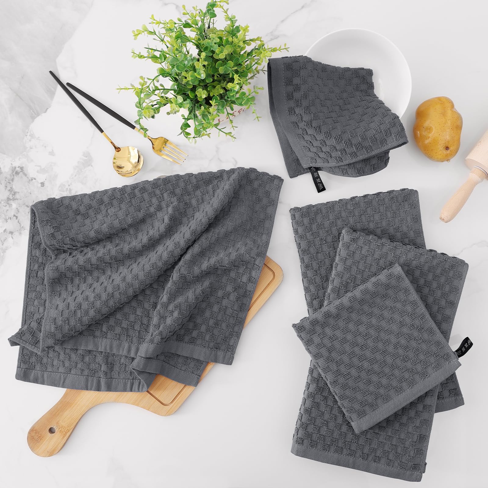 Fintale 100% Cotton Kitchen Towels and Dishcloths Set, 12 x 12 & 15 x 25 Inches, Set of 8 Bulk Super Soft and Absorbent Terry Cloth Dish Towels, Quick Drying Hand Towels with Hanging Loop, Dark Grey