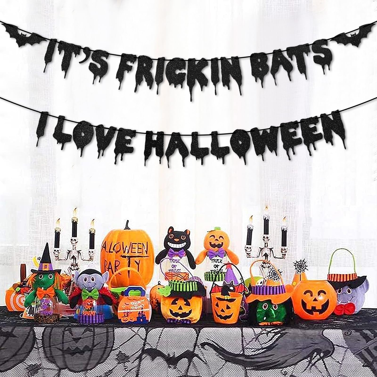 Black Glitter It's Frickin Bats I Love Halloween Banner - Hanging Paper Garland Bunting Banner Bloody Bat-Themed Decorations, Photo Backdrop for Wall Home Mantle Office Wall Spooky Party Supplies