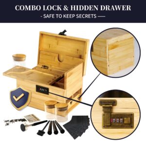 Premium Large Bamboo Box with Combination Lock & Hidden Drawer, Secret Storage Stash Box,Upgraded with Handle, 5 Smell Proof Bags, 3 Glass Jars, 3 Tube, Brush, Grinder Card, Cone Funnel Rolling Kit