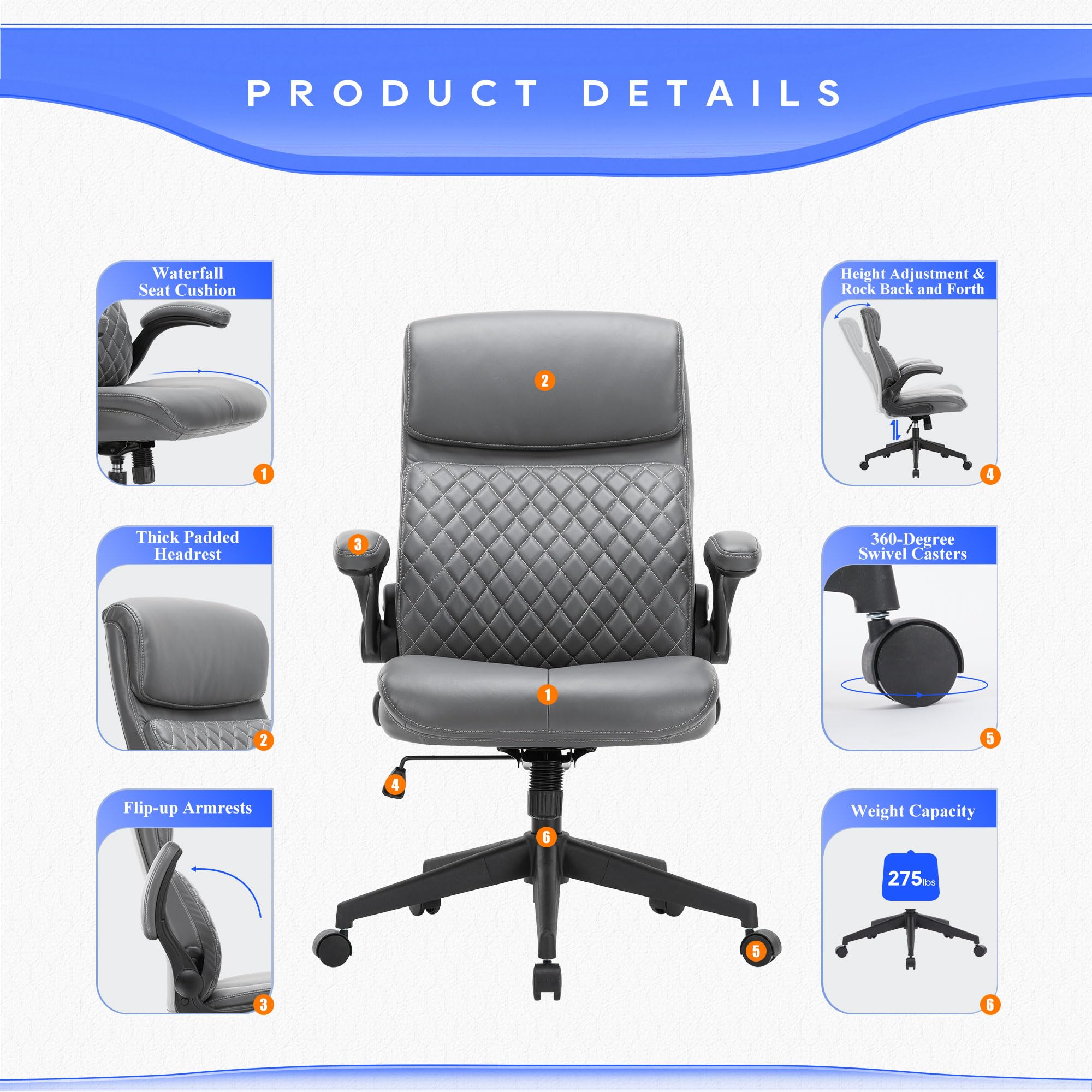 Executive Office Chair, Mid Back Computer Desk Chair with Padded Flip-up Arms, Adjustable Height, Backrest and Rock, Ergonomic Leather Chair Swivel Rolling Chair for Home Office Conference Room-Grey