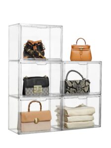 zllzuu purse organizer for closet, 5 pack clear acrylic display case for purse handbag organizer, stackable purse storage boxes with magnetic door for collectibles, wallet, cosmetic