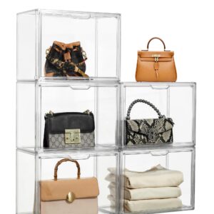 ZLLZUU Purse Organizer for Closet, 5 Pack Clear Acrylic Display Case for purse handbag Organizer, Stackable Purse Storage boxes with magnetic door for Collectibles, Wallet, Cosmetic