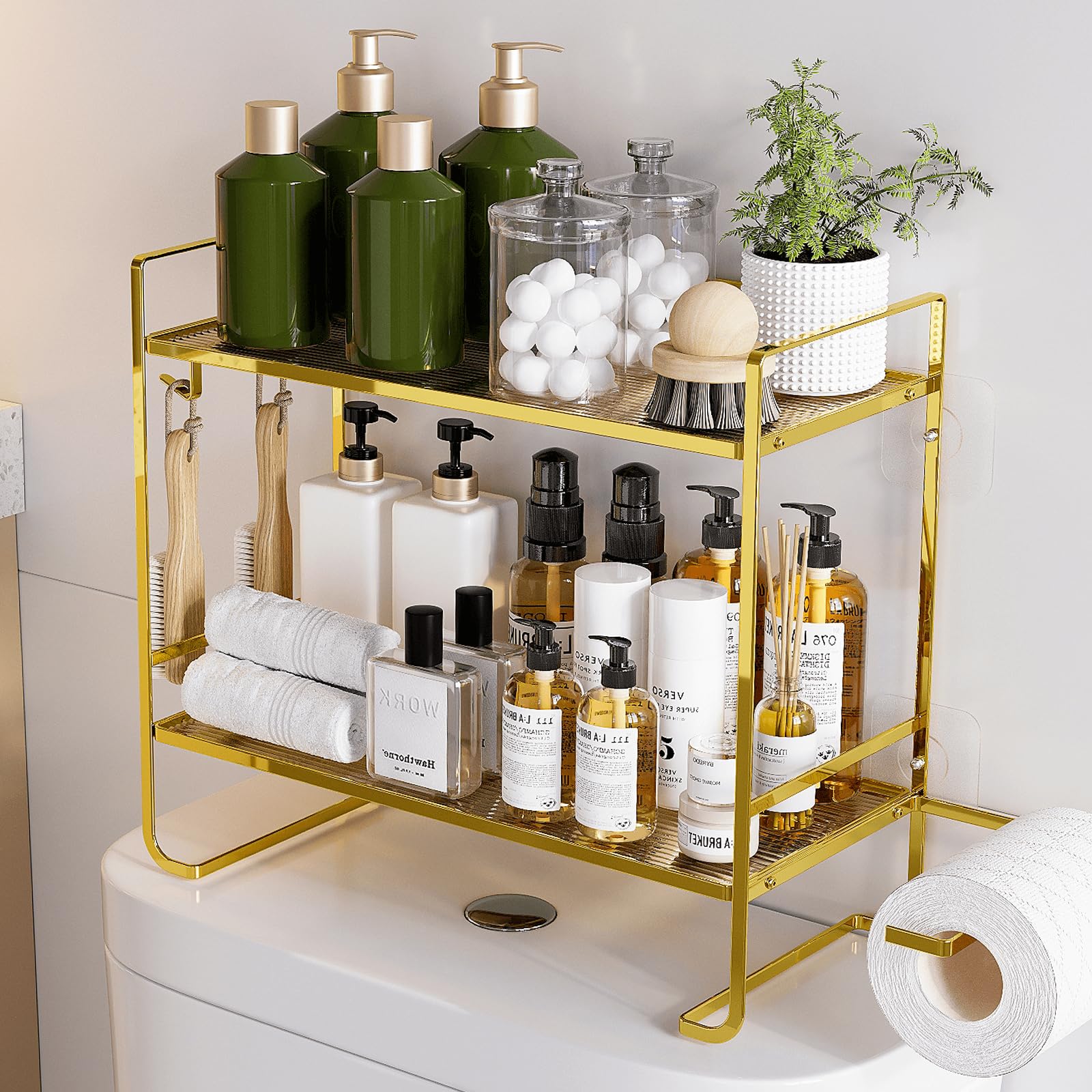 YIWANFW Over The Toilet Storage, Gold Over The Toilet Shelf Bathroom Organizers and Storage, 2-Tier Bathroom Shelves Over Toilet Bathroom Storage, Multi-Purpose Over Toilet Shelf Above Toilet Storage