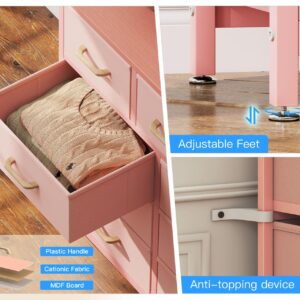 Casaottima Dresser for Bedroom with Charging Station, 57" Long Dresser with 13 Storage Drawers, Large Fabric Dressers Chests of Drawers with Shelves, Pink