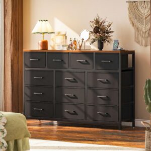 Casaottima Dresser for Bedroom with Charging Station, 57" Long Dresser with 13 Storage Drawers, Large Fabric Dressers Chests of Drawers with Shelves, Black and Vintage