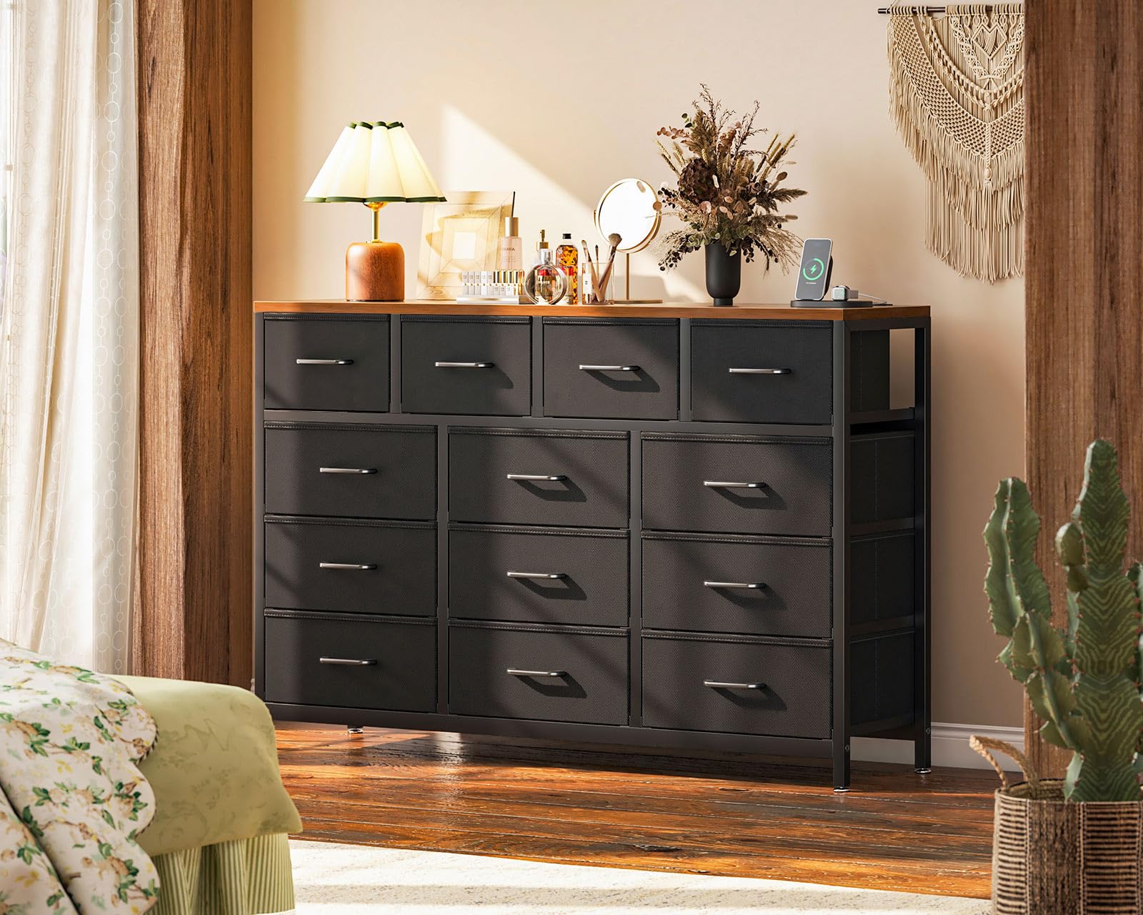 Casaottima Dresser for Bedroom with Charging Station, 57" Long Dresser with 13 Storage Drawers, Large Fabric Dressers Chests of Drawers with Shelves, Black and Vintage