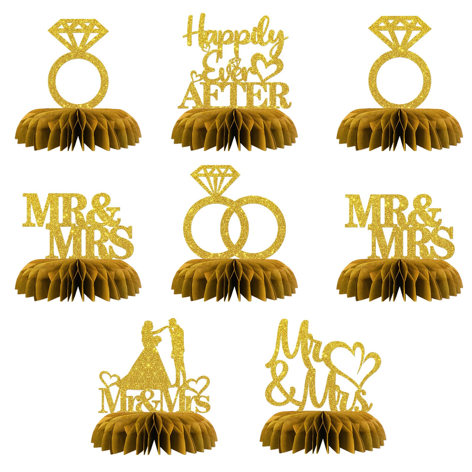 Maicaiffe Mr & Mrs Table Honeycomb Centerpieses Decorations - Glitter 8 Pcs Wedding Engagement Party Table Toppers Decor - Bridal Shower - Wedding Party Decoration Supplies