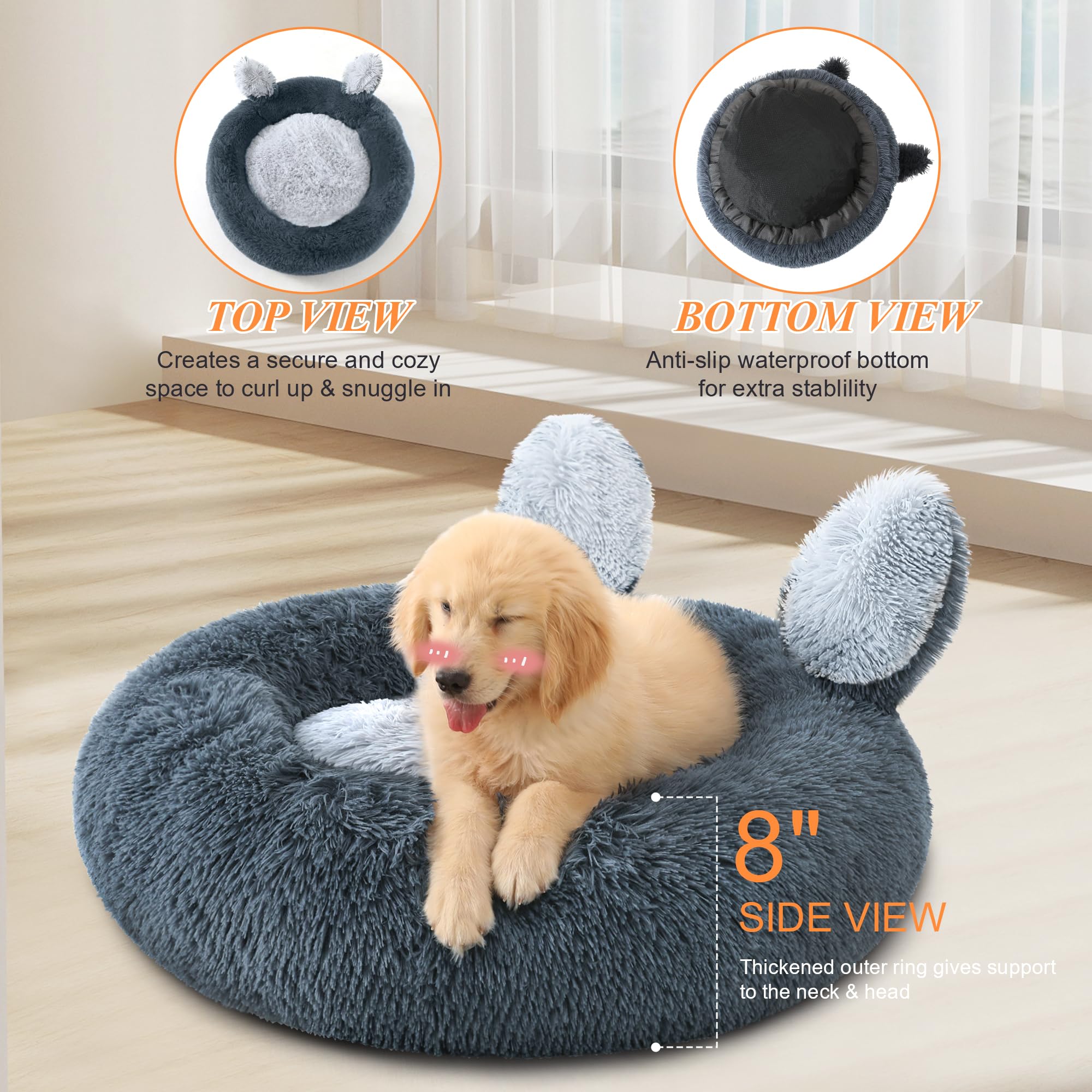 Calming Round Pet Bed for Medium Dogs - Donut Washable Medium Dog Bed, Anti-Slip Fluffy Plush Faux Fur Cat Bed, Fits up to 45 lbs Pets, 30" Grey