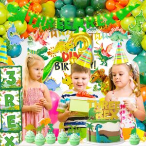 cocomigo 147pcs Three Rex Birthday Decorations Boy, Dinosaur Birthday Decorations 3 Year Old Boy Include Three Rex Balloons Banner Backdrop Etc, for 3 Rex Birthday Decorations Boys and Grils