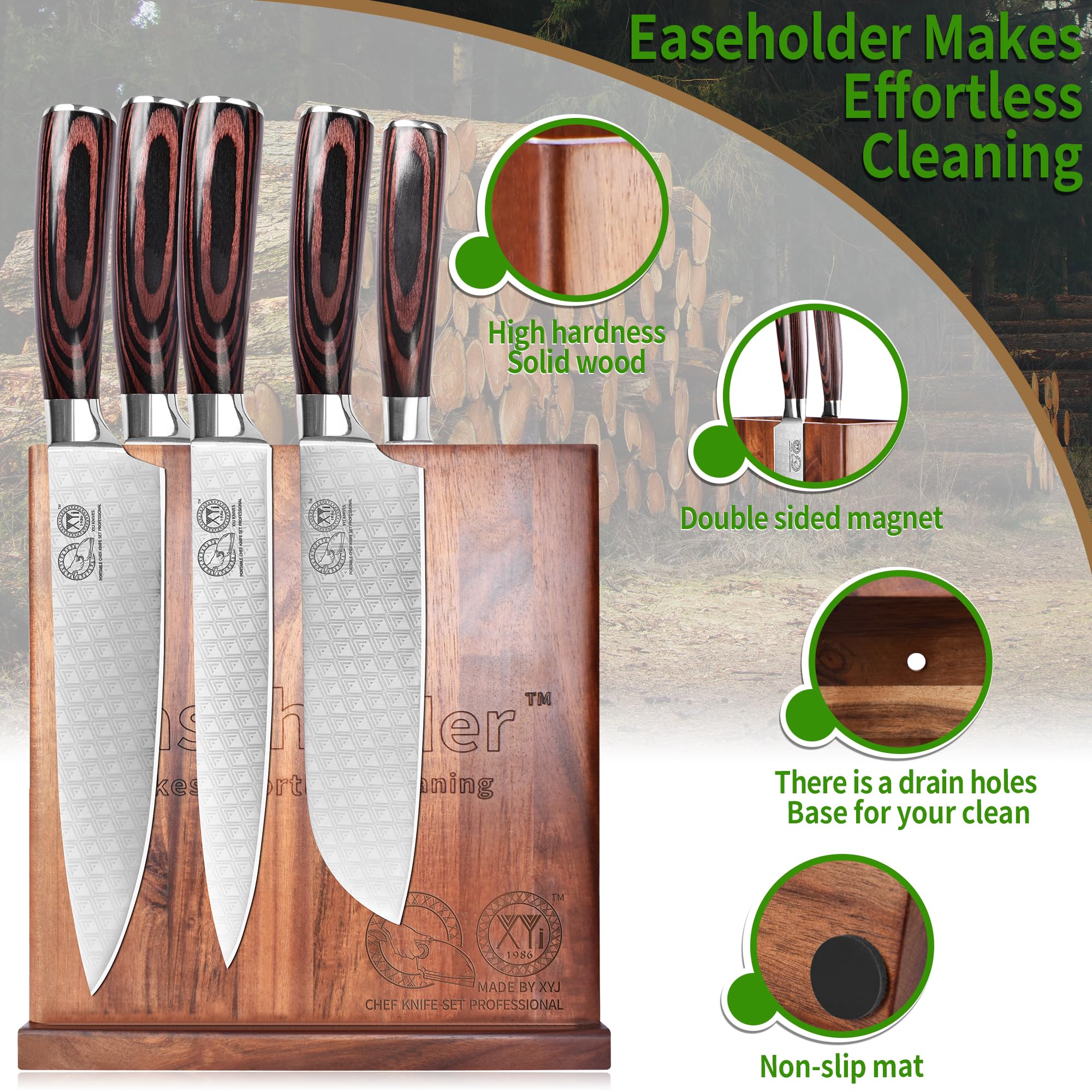 Easeholder Magnetic Knife Block without Knives, Double Side Magnetic Knife Holder Stand, Acacia Wood, Extra Large Capacity Magnet Knife Storage for Knives and Utensils, Kitchen Organizer Rack Tool