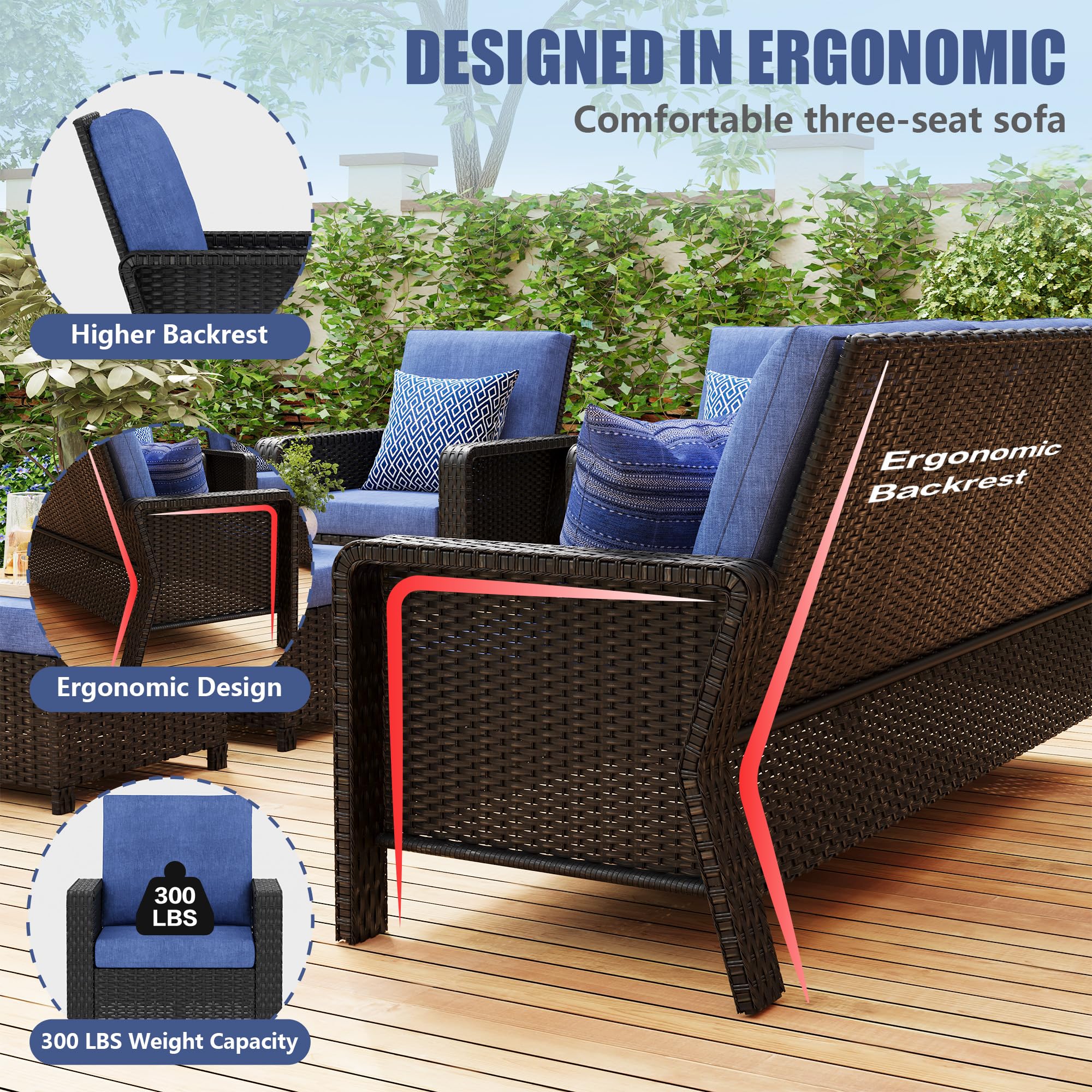 EcoTide 6-Piece Patio Furniture Set with Outdoor Swivel Rocker Chairs,PE Rattan 3-Seat Sofa Couch,Ottomans and Side Table Wicker Sectional Conversation Sets for Garden, Deck,Backyard Blue Cushions