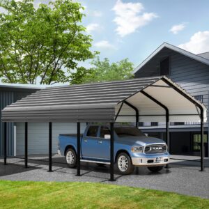 jamfly 12x20 ft carport, heavy duty carport canopy with galvanized steel roof and frame, metal carport upgraded extra large garage for pickup, boat, car and tractors