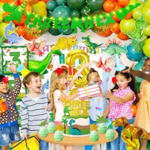 cocomigo 147pcs Three Rex Birthday Decorations Boy, Dinosaur Birthday Decorations 3 Year Old Boy Include Three Rex Balloons Banner Backdrop Etc, for 3 Rex Birthday Decorations Boys and Grils