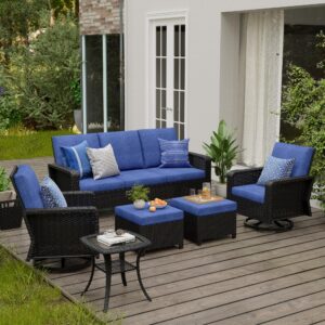 ecotide 6-piece patio furniture set with outdoor swivel rocker chairs,pe rattan 3-seat sofa couch,ottomans and side table wicker sectional conversation sets for garden, deck,backyard blue cushions