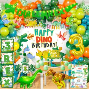 cocomigo 147pcs three rex birthday decorations boy, dinosaur birthday decorations 3 year old boy include three rex balloons banner backdrop etc, for 3 rex birthday decorations boys and grils