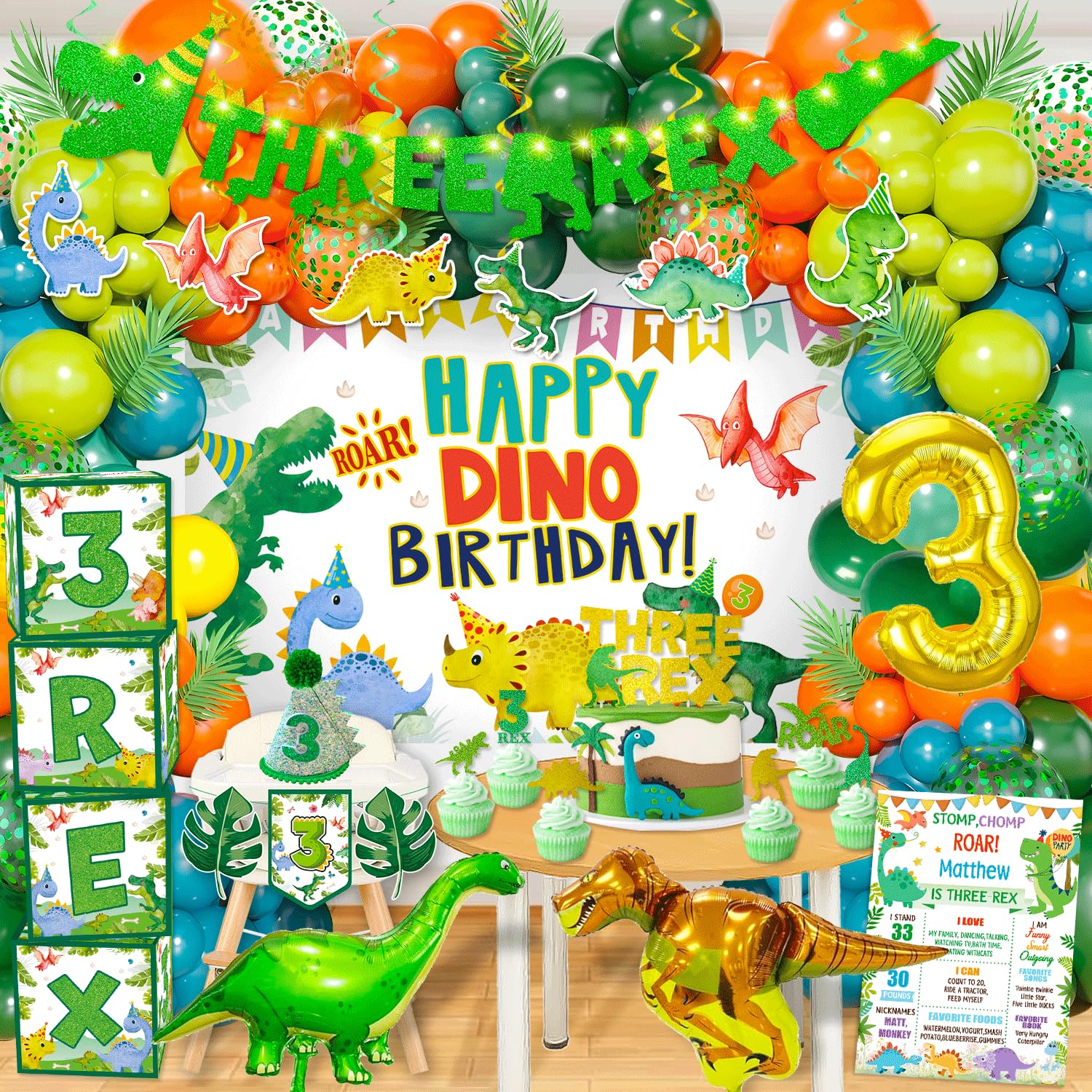 cocomigo 147pcs Three Rex Birthday Decorations Boy, Dinosaur Birthday Decorations 3 Year Old Boy Include Three Rex Balloons Banner Backdrop Etc, for 3 Rex Birthday Decorations Boys and Grils