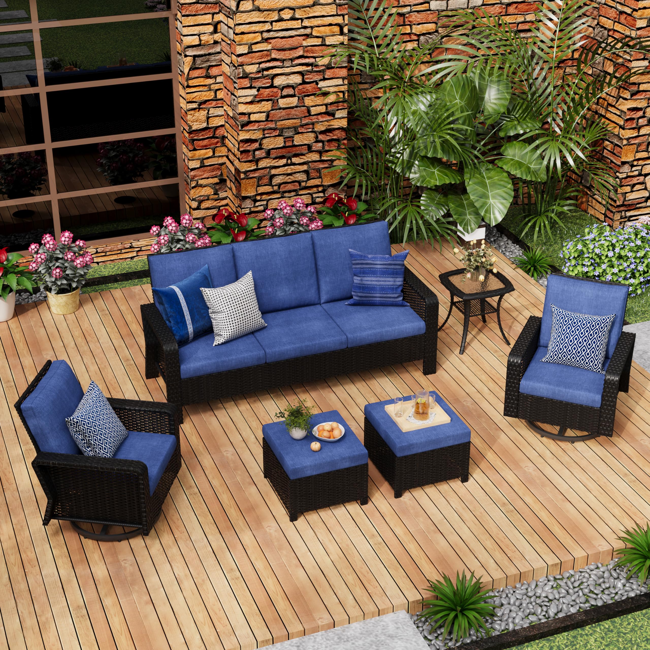 EcoTide 6-Piece Patio Furniture Set with Outdoor Swivel Rocker Chairs,PE Rattan 3-Seat Sofa Couch,Ottomans and Side Table Wicker Sectional Conversation Sets for Garden, Deck,Backyard Blue Cushions