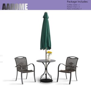 AAHOME 4 Piece Outdoor Patio Furniture Set，2 Rattan Chairs and 1 Round Coffee Table with 1.9" Umbrella Hole and 1 Green 9’ Patio Umbrella with Base Included, for Deck Garden Backyard Lawn Poolside.