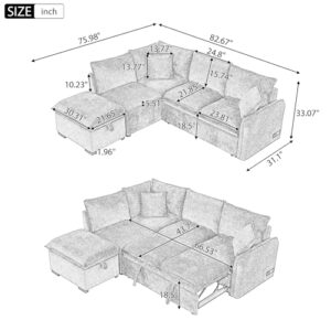 FANYE L-Shaped Convertible Sleeper Sectional Sofa Bed Modern TV Sofa&Couch W/Pull Out Sofabed and Storage Ottoman, 2 Pillows, Power Sockets and USB Charging Ports for Apartment Office Living Room