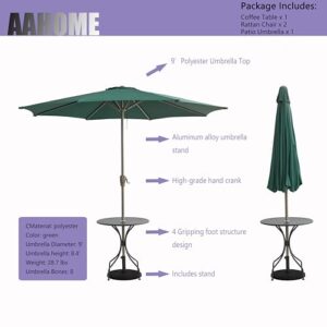 AAHOME 4 Piece Outdoor Patio Furniture Set，2 Rattan Chairs and 1 Round Coffee Table with 1.9" Umbrella Hole and 1 Green 9’ Patio Umbrella with Base Included, for Deck Garden Backyard Lawn Poolside.