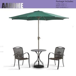 AAHOME 4 Piece Outdoor Patio Furniture Set，2 Rattan Chairs and 1 Round Coffee Table with 1.9" Umbrella Hole and 1 Green 9’ Patio Umbrella with Base Included, for Deck Garden Backyard Lawn Poolside.