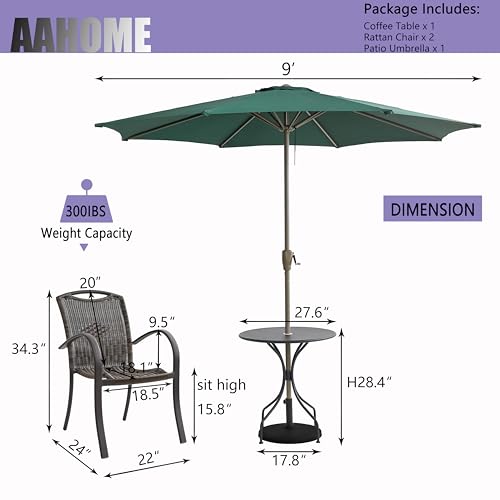 AAHOME 4 Piece Outdoor Patio Furniture Set，2 Rattan Chairs and 1 Round Coffee Table with 1.9" Umbrella Hole and 1 Green 9’ Patio Umbrella with Base Included, for Deck Garden Backyard Lawn Poolside.