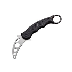 swdae karambit trainer knife, folding pocket knife, dull liner lock, g10 anti-slip stainless steel handle, finger holes, pocket clip