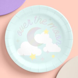 xo, Fetti Over the Moon Paper Plates - 25 pcs | Blue Baby Shower Decoration, Gender Reveal Party Tablescape, Mom to Be Dinner Setting, Birthday Decor