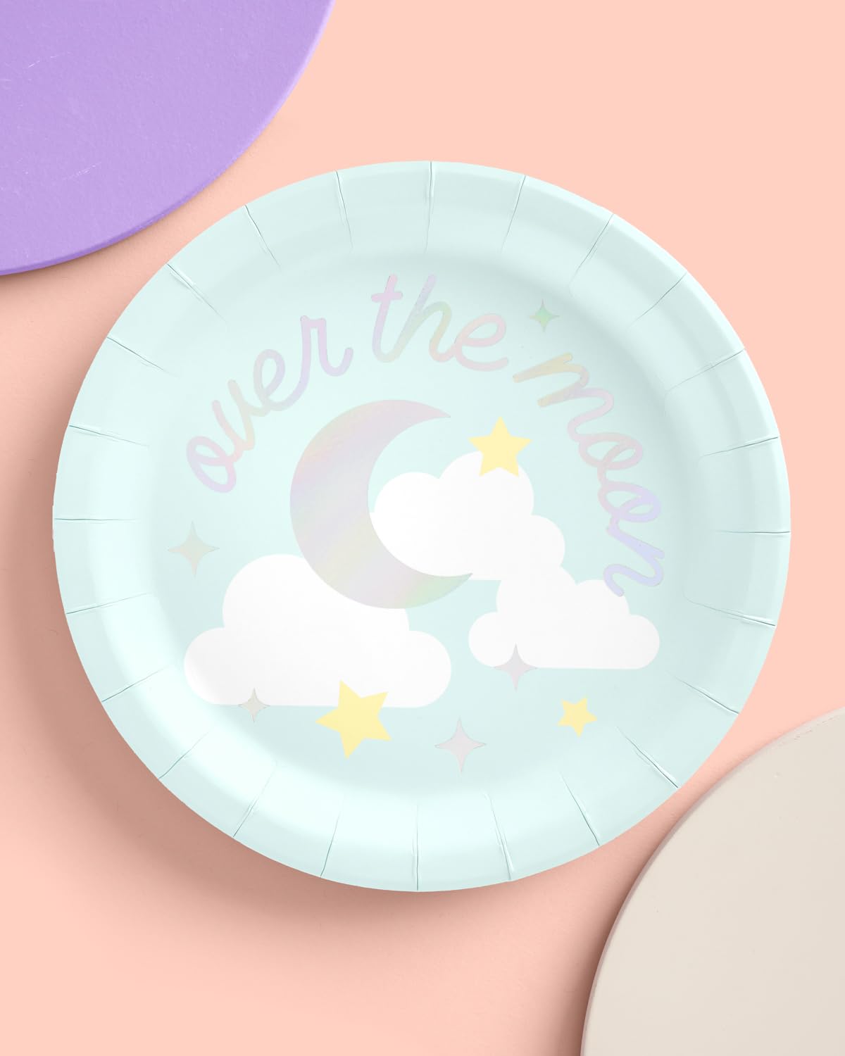 xo, Fetti Over the Moon Paper Plates - 25 pcs | Blue Baby Shower Decoration, Gender Reveal Party Tablescape, Mom to Be Dinner Setting, Birthday Decor