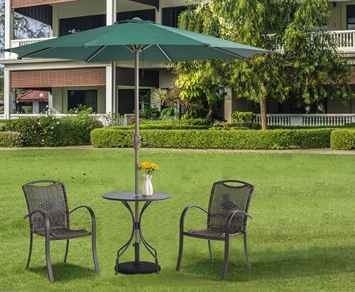 AAHOME 4 Piece Outdoor Patio Furniture Set，2 Rattan Chairs and 1 Round Coffee Table with 1.9" Umbrella Hole and 1 Green 9’ Patio Umbrella with Base Included, for Deck Garden Backyard Lawn Poolside.