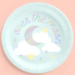 xo, fetti over the moon paper plates - 25 pcs | blue baby shower decoration, gender reveal party tablescape, mom to be dinner setting, birthday decor