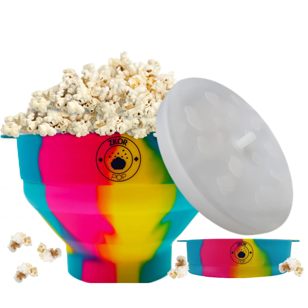 Microwavable Silicone Popcorn Popper- Collapsible Bowl-Microwave Popcorn Maker- Reusable - Air Popped Popcorn No Oil- BPA Free- 100% Food grade Silicone- Dishwasher Safe- ZKOR Rainbow