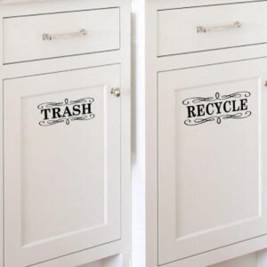 BERRYZILLA Trash Recycle Vinyl Decal Set 5.5" x 2.5" for Kitchen Cabinet Door Stainless Steel Trash Cans Elegant Script Handwriting Lettering Art Decor Sticker