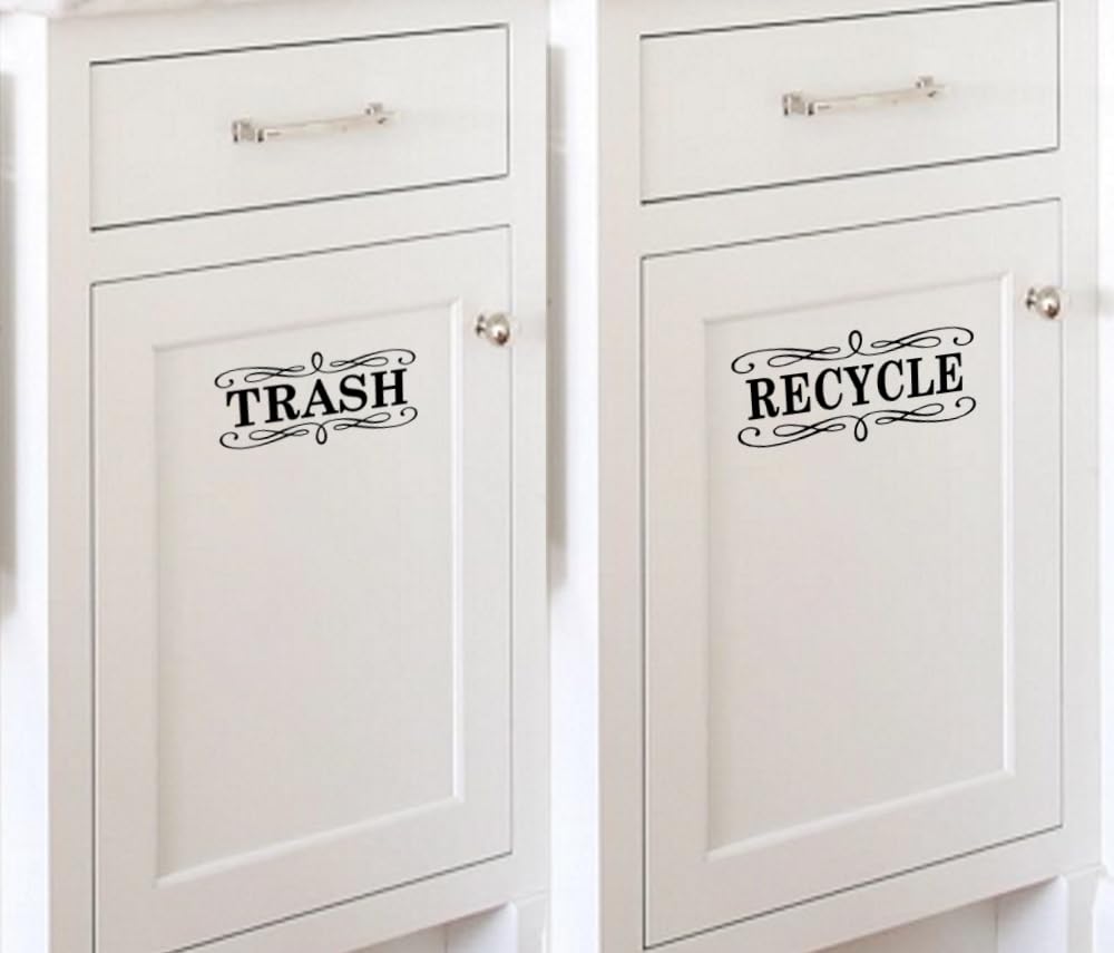 BERRYZILLA Trash Recycle Vinyl Decal Set 5.5" x 2.5" for Kitchen Cabinet Door Stainless Steel Trash Cans Elegant Script Handwriting Lettering Art Decor Sticker