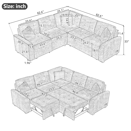 FANYE Multifunctional Symmetrical Convertible Sleeper Sectional Sofa with Pull-Out Couch Bed and Chaise,L-Shaped Corner Sofa&Couch Cum Sofabed W/USB Ports, Dual Power Sockets for Living Room