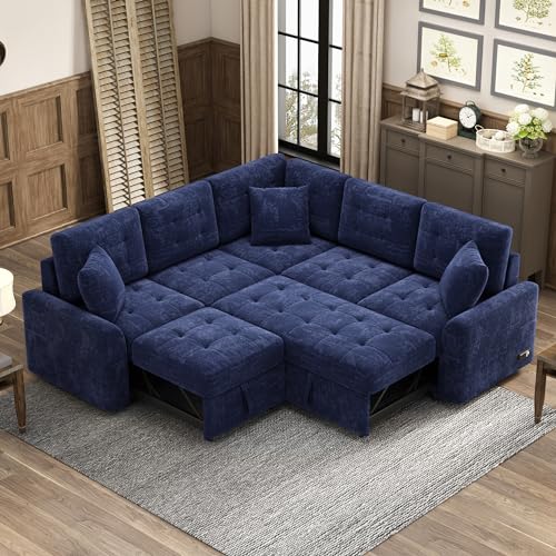 FANYE Multifunctional Symmetrical Convertible Sleeper Sectional Sofa with Pull-Out Couch Bed and Chaise,L-Shaped Corner Sofa&Couch Cum Sofabed W/USB Ports, Dual Power Sockets for Living Room