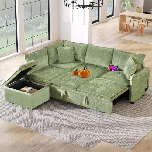 FANYE L-Shaped Convertible Sleeper Sectional Sofa Bed Modern TV Sofa&Couch W/Pull Out Sofabed and Storage Ottoman, 2 Pillows, Power Sockets and USB Charging Ports for Apartment Office Living Room