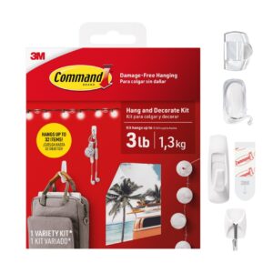 command hang and decorate kit, 6 small toggle hooks, 2 medium utility hooks, 4 medium cord clips, 10 light clips, and 20 poster strips, dorm room essentials