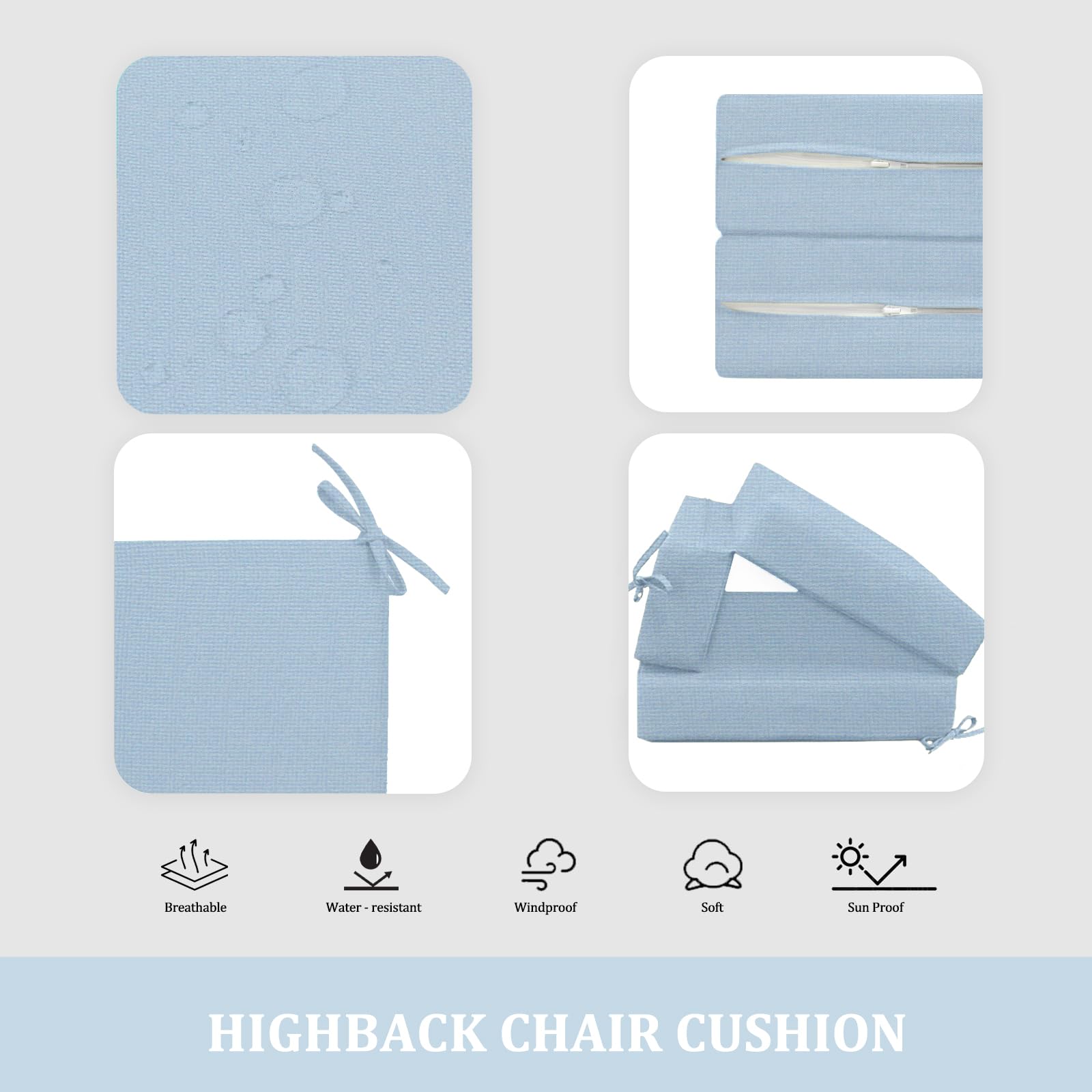 Pcinfuns Outdoor High Back Chair Cushion,Water Resistant Tufted Adirondack Rocking Chair Cushion with Ties,Replacement Seat Cushion for Patio Furniture,Light Blue